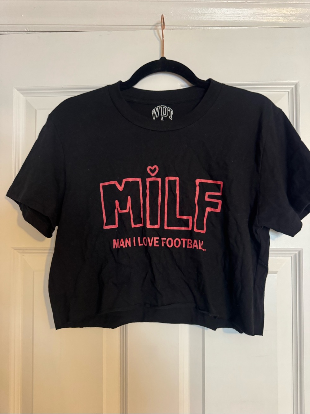 WDT Black Cropped Graphic Tee with Pink 'MILF' Text